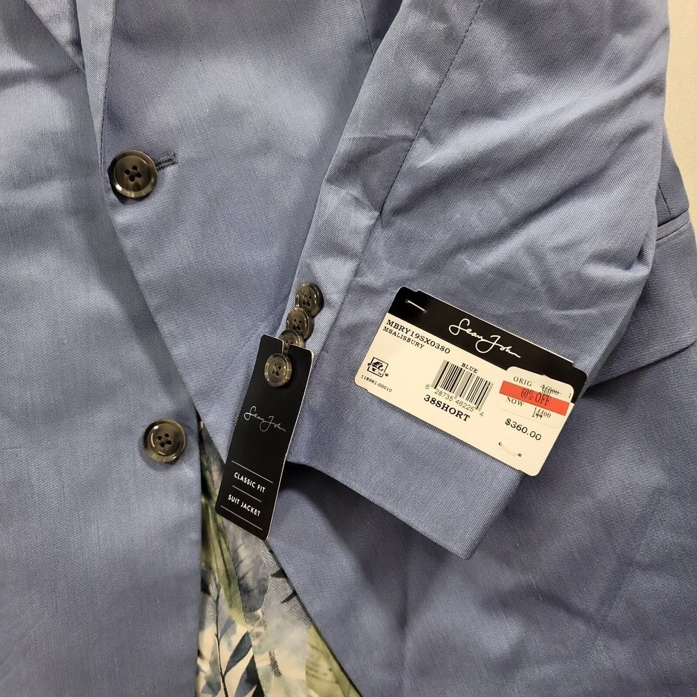 Sean John Light Blue Blazer Mens 38S 38 Classic-Fit Cotton Suit Jacket $360 NEW‎